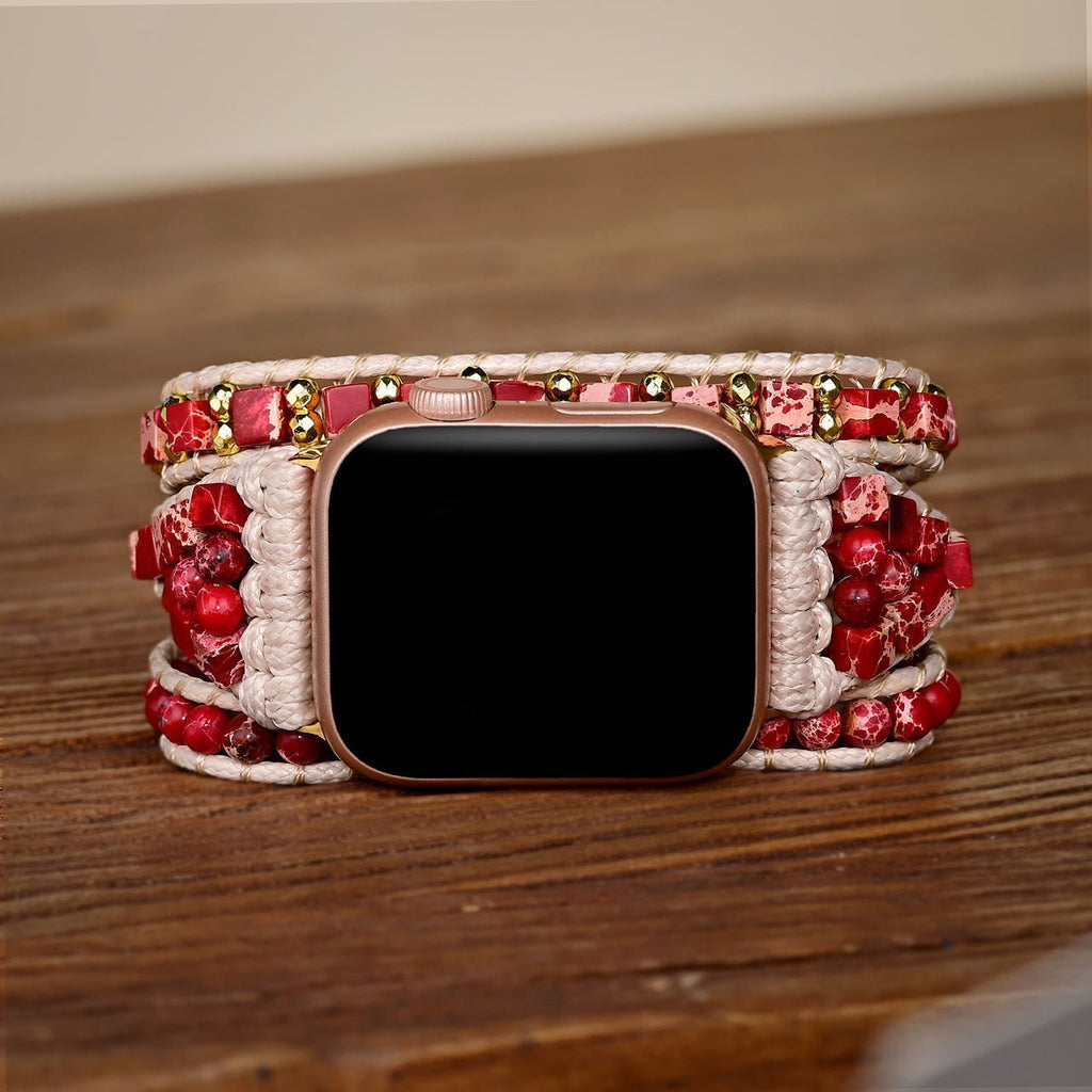 Bracelet pour Apple Watch en jaspe rouge tressé avec perles dorées, style Finnix pour femme.