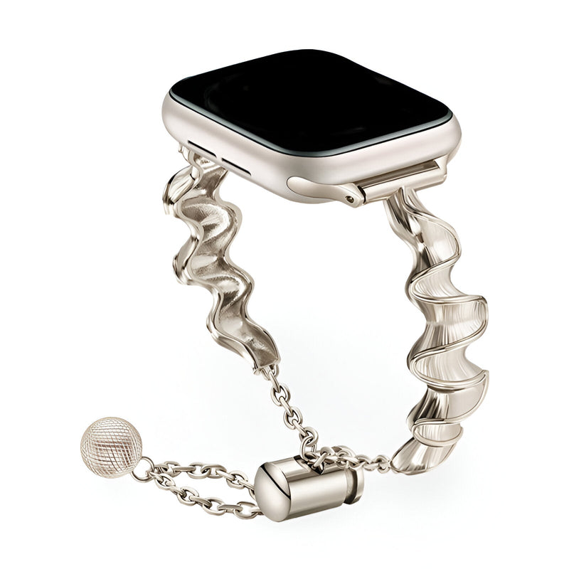 Bracelet torsadé en métal argenté pour Apple Watch, design féminin et élégant.
