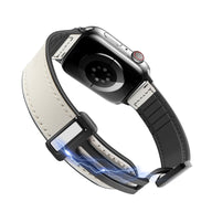 Bracelet Apple Watch noir et blanc en microfibre, modèle Kaelith, fermeture noire ajustable.