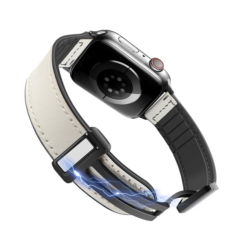 Bracelet Apple Watch noir et blanc en microfibre, modèle Kaelith, fermeture noire ajustable.
