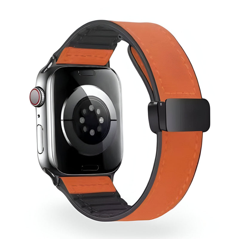 Bracelet Apple Watch en microfibre orange avec intérieur noir et fermoir noir mat.