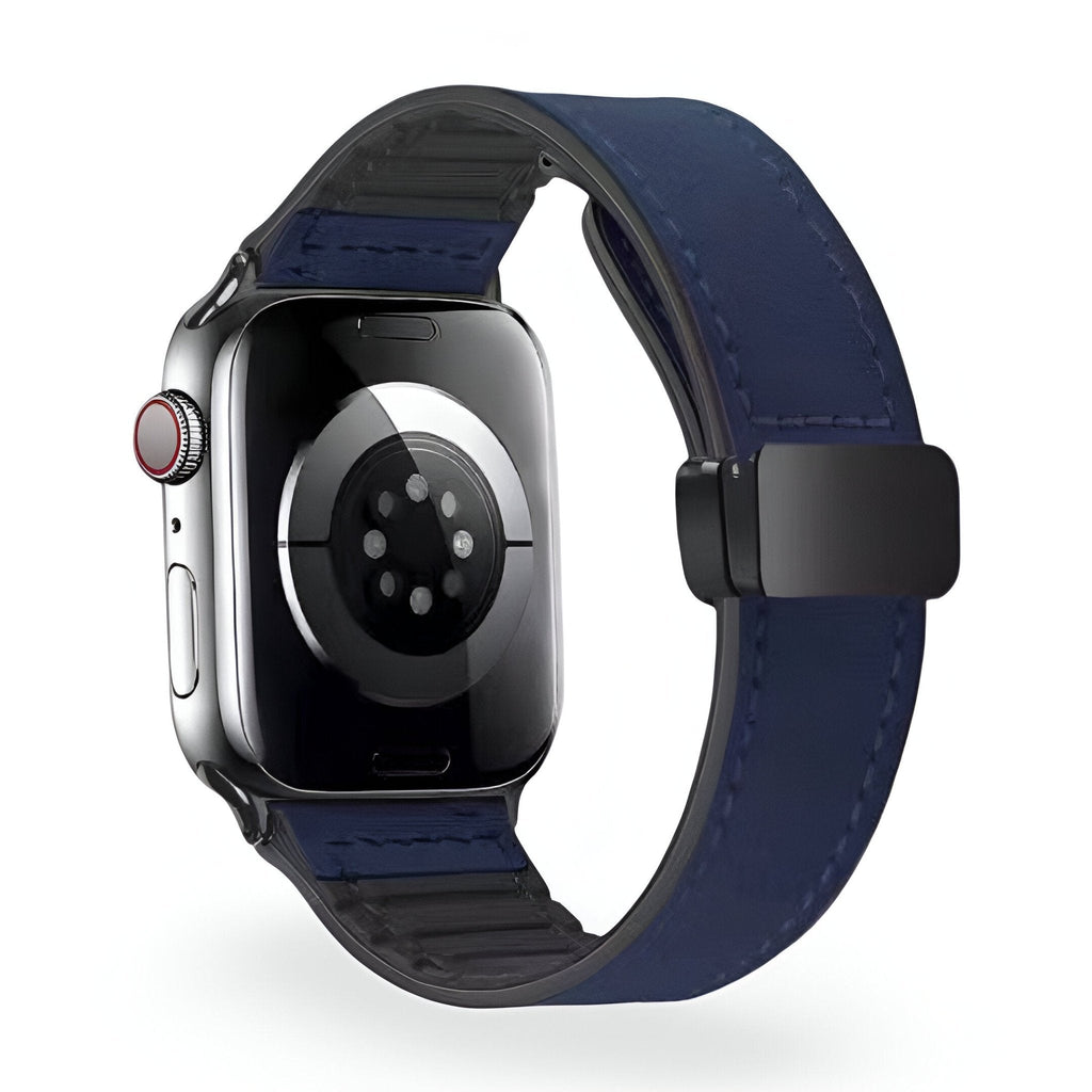 Bracelet Apple Watch microfibre bleu foncé avec boucle noire, style mixte, taille 38 à 42 mm.
