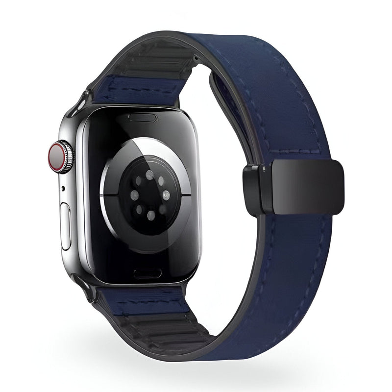 Bracelet Apple Watch microfibre bleu foncé avec boucle noire, style mixte, taille 38 à 42 mm.