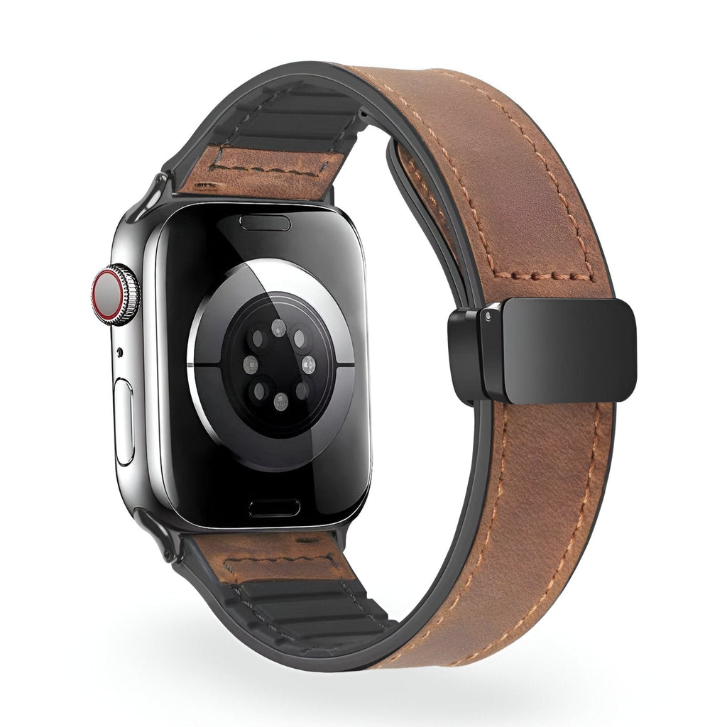 Bracelet Apple Watch marron en microfibre avec boucle noire, style mixte, modèle Kaelith.