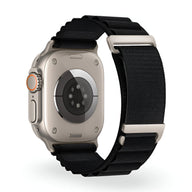 Bracelet Apple Watch noir en nylon avec boucle alpine ajustable, modèle Zane, taille 38-42 mm.