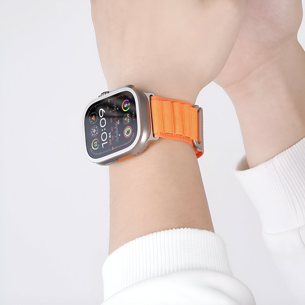Bracelet Apple Watch en nylon orange à boucle alpine, style mixte, large ajustable.