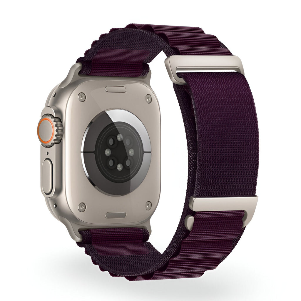 Bracelet Apple Watch en nylon violet à boucle alpine, taille 38-42 mm, modèle Zane.