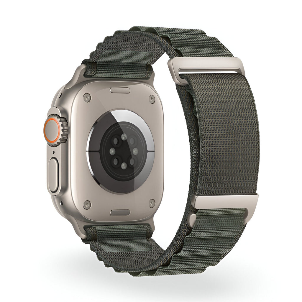 Bracelet Apple Watch en nylon vert foncé à boucle alpine, taille ajustable, modèle Zane.