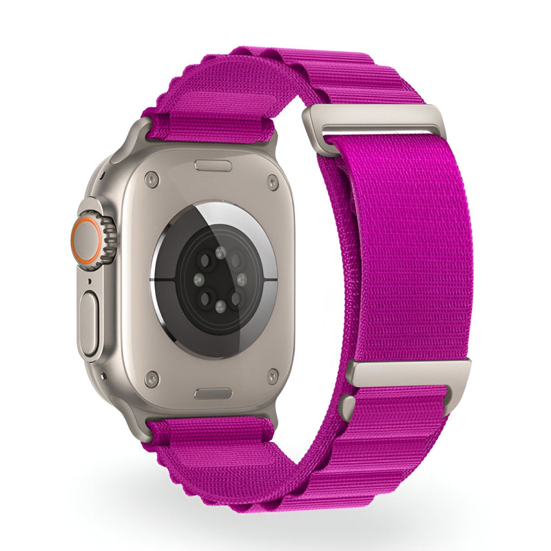 Bracelet Apple Watch en nylon violet à boucle alpine, mixte, fermeture ajustable en métal argenté.