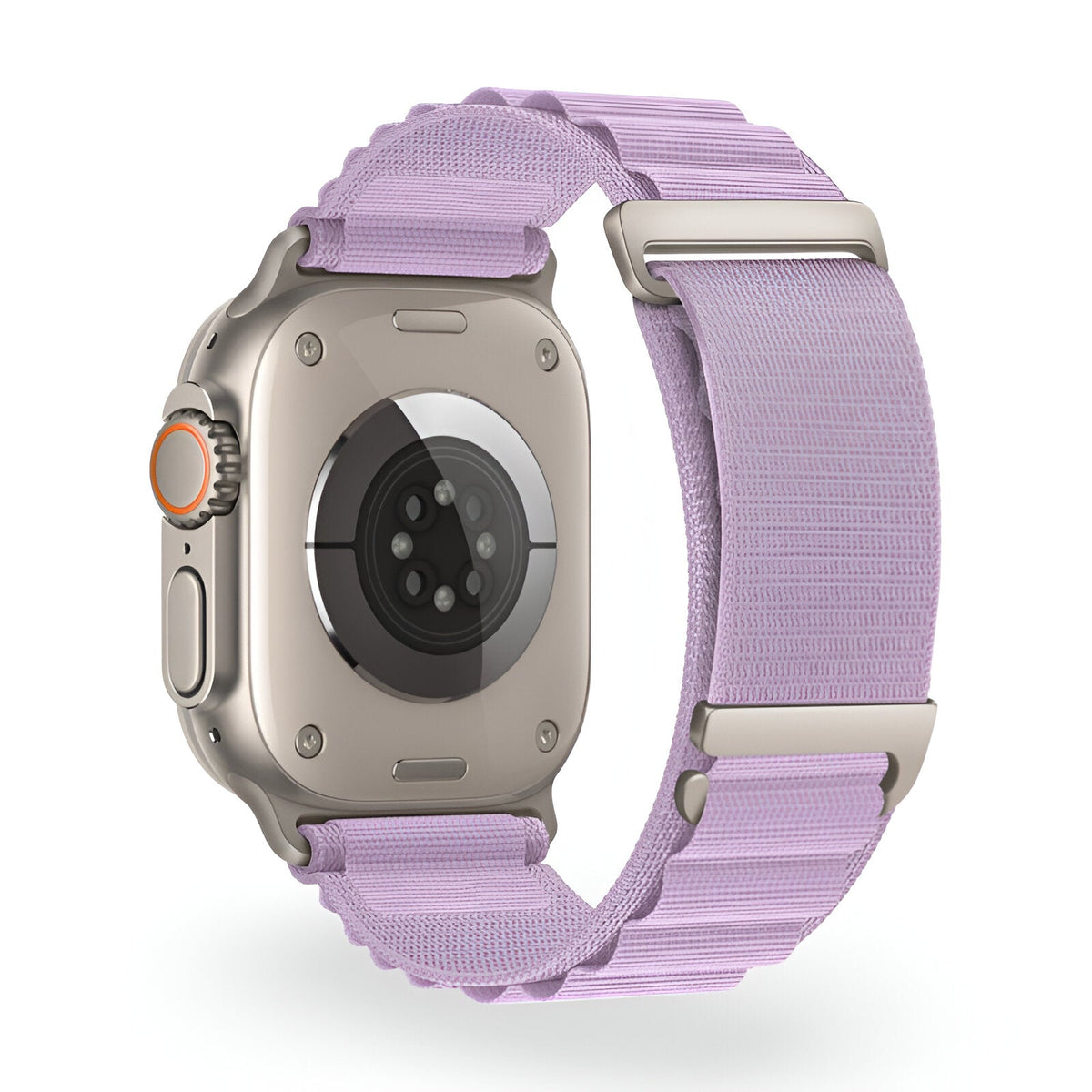 Bracelet Apple Watch en nylon lavande avec boucle alpine en métal argenté, modèle Zane.