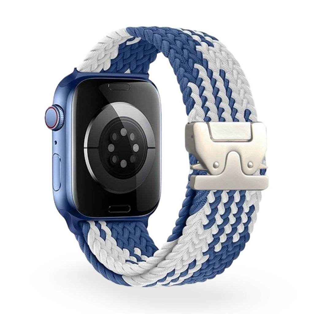 Bracelet nylon bleu et blanc tressé pour Apple Watch avec boucle tactique argentée.