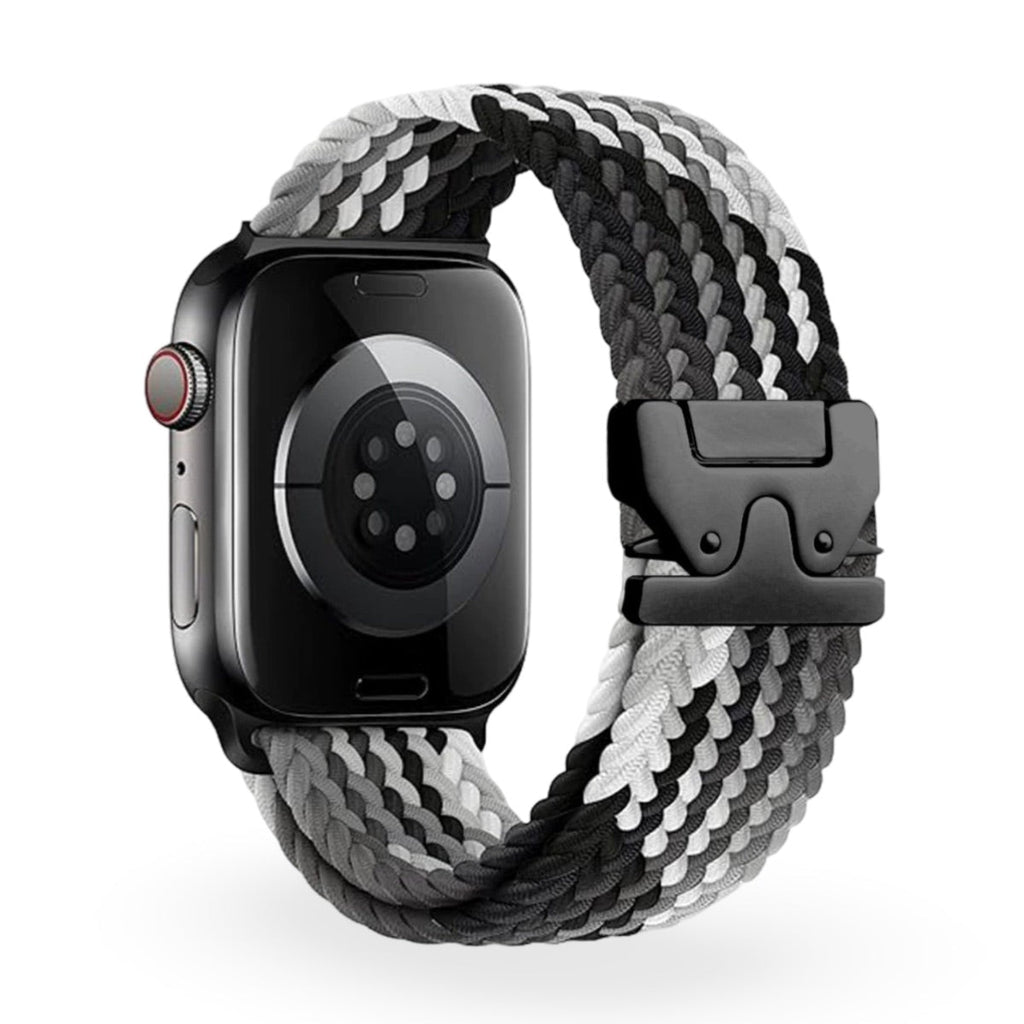 Bracelet Apple Watch en nylon tressé noir, blanc et gris, boucle tactique noire sécurisée.