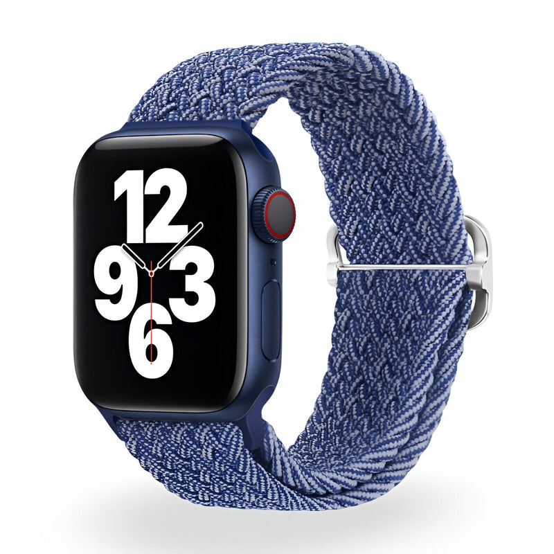 Bracelet Apple Watch en nylon tressé bleu, style boucle souple, pour modèle mixte.