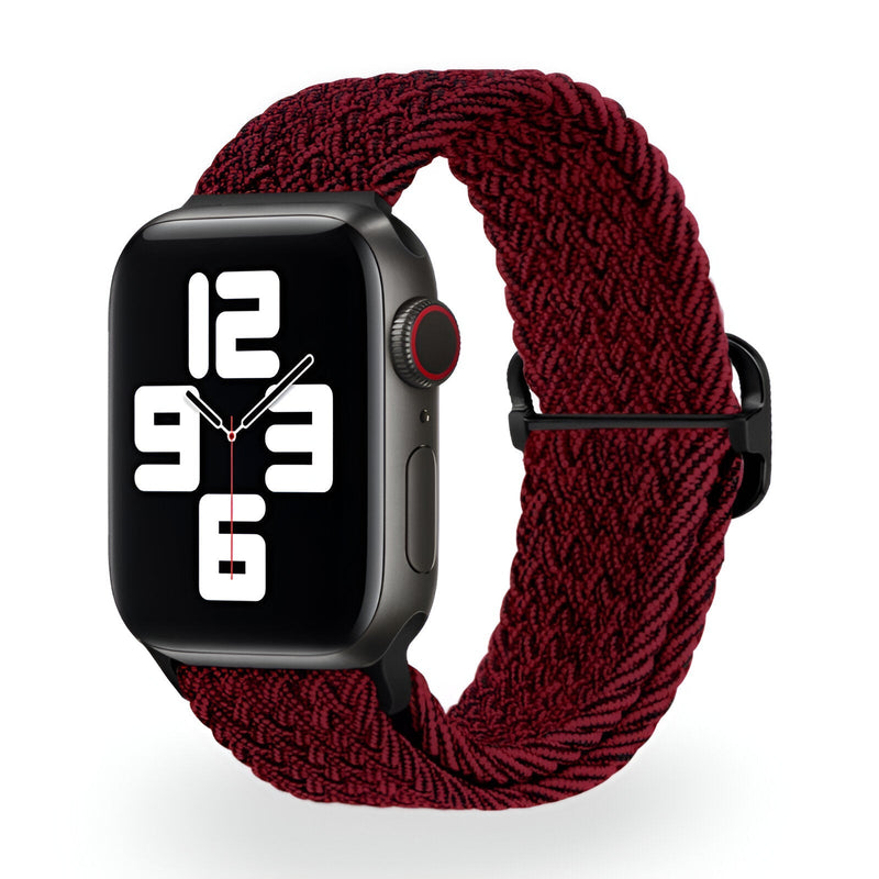Bracelet Apple Watch en nylon tressé rouge foncé, style mixte, boucle noire.