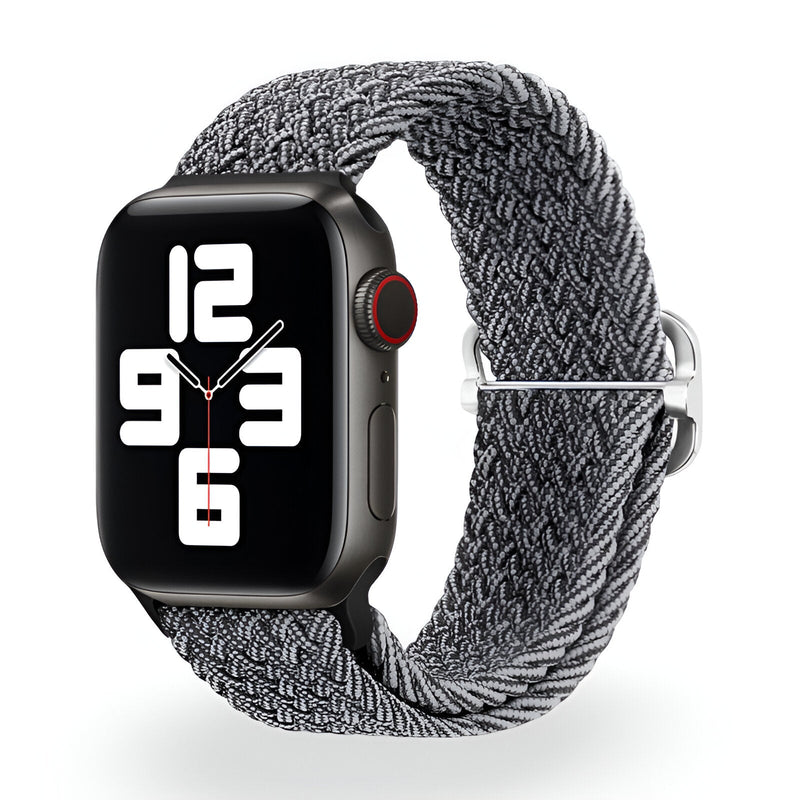 Bracelet Apple Watch en nylon tressé gris clair et foncé, style mixte, fermeture boucle métallique.