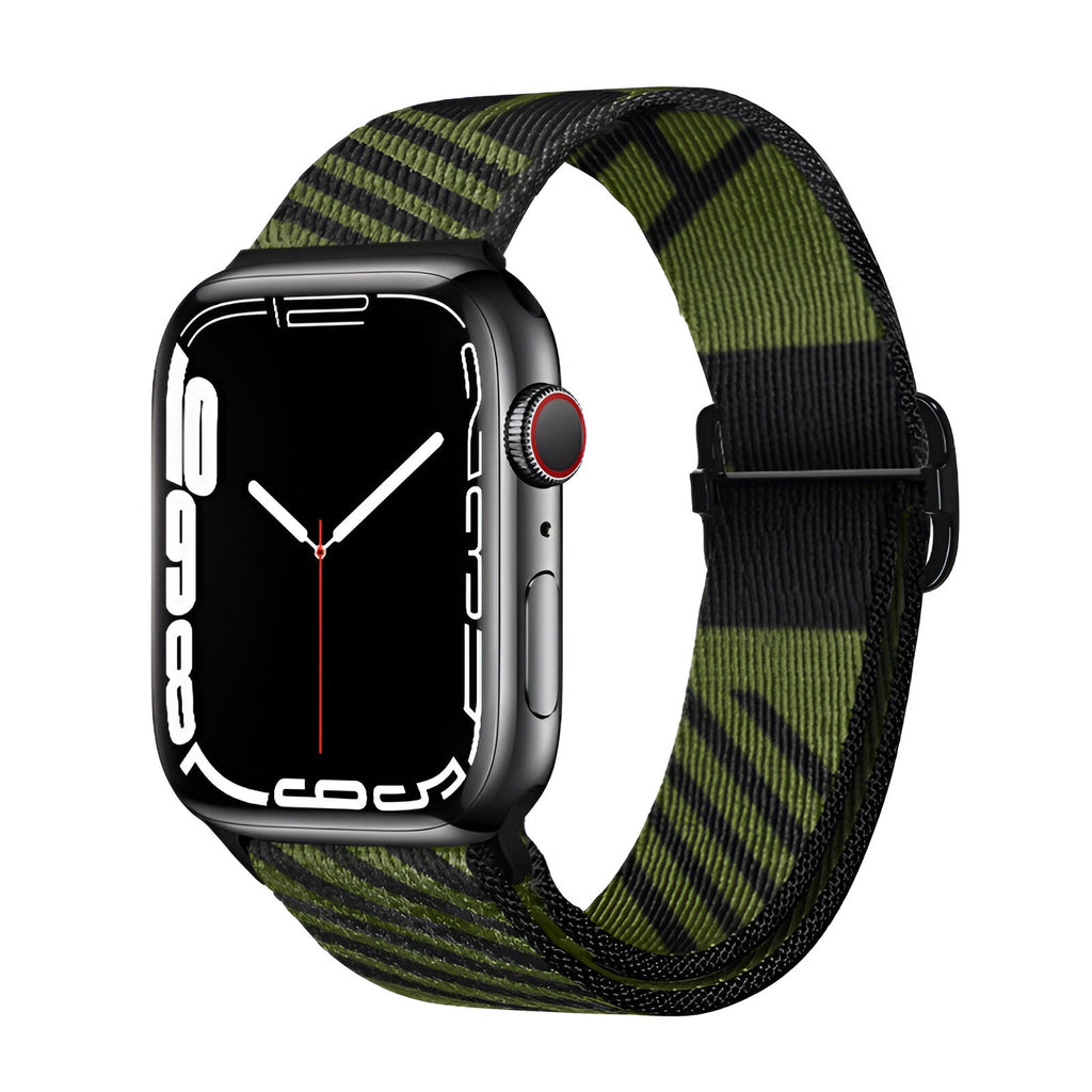 Bracelet Apple Watch en nylon vert et noir modèle Thal, taille 38 à 42 mm, style sport et moderne.