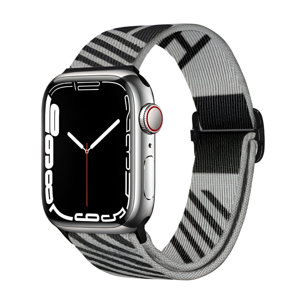 Bracelet Apple Watch mixte en nylon gris à rayures noires, modèle Thal, adaptable 38-49 mm.