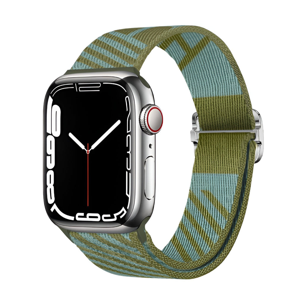Bracelet Apple Watch en nylon vert et noir tressé, taille 38 à 42 mm, modèle Thal.