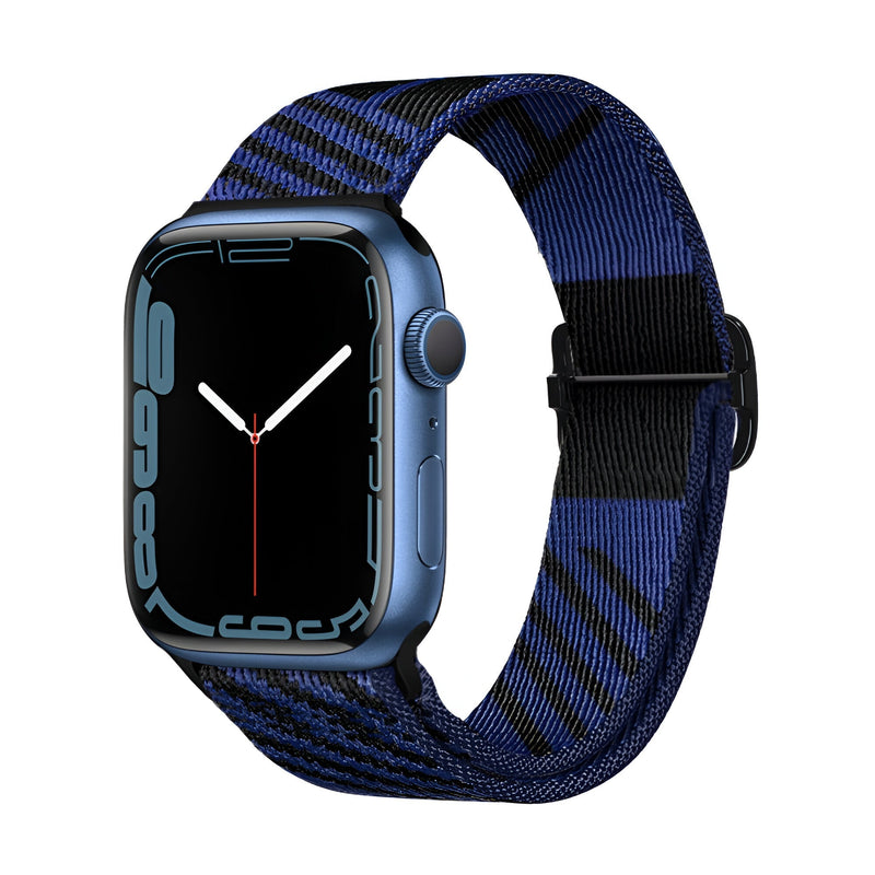 Bracelet Apple Watch en nylon bleu et noir, style tissé, modèle Thal, mixte, boucle noire.