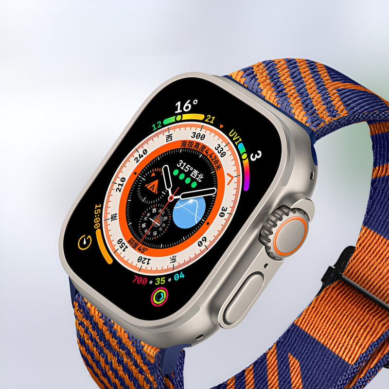 Bracelet Apple Watch en nylon tissé orange et bleu, style sport mixte, boucle ajustable.