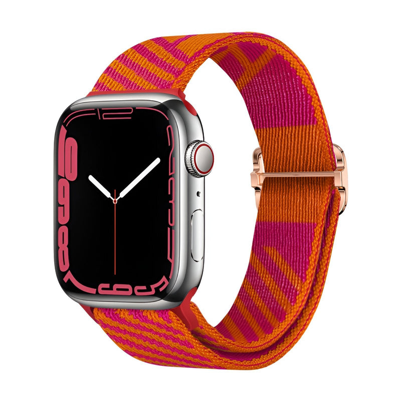 Bracelet Apple Watch nylon orange et rose avec boucle métallique argentée, style tissé mixte.