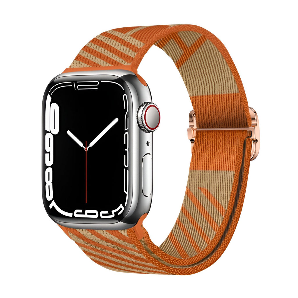 Bracelet Apple Watch en nylon orange et beige à motifs géométriques, modèle Thal, mixte, taille 38-42 mm.