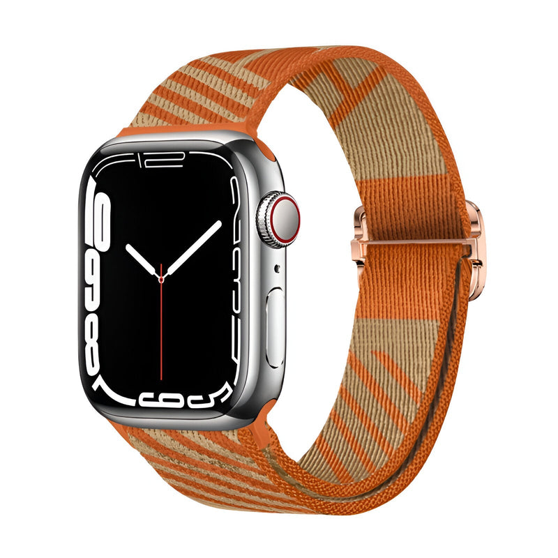 Bracelet Apple Watch en nylon orange et beige à motifs géométriques, modèle Thal, mixte, taille 38-42 mm.