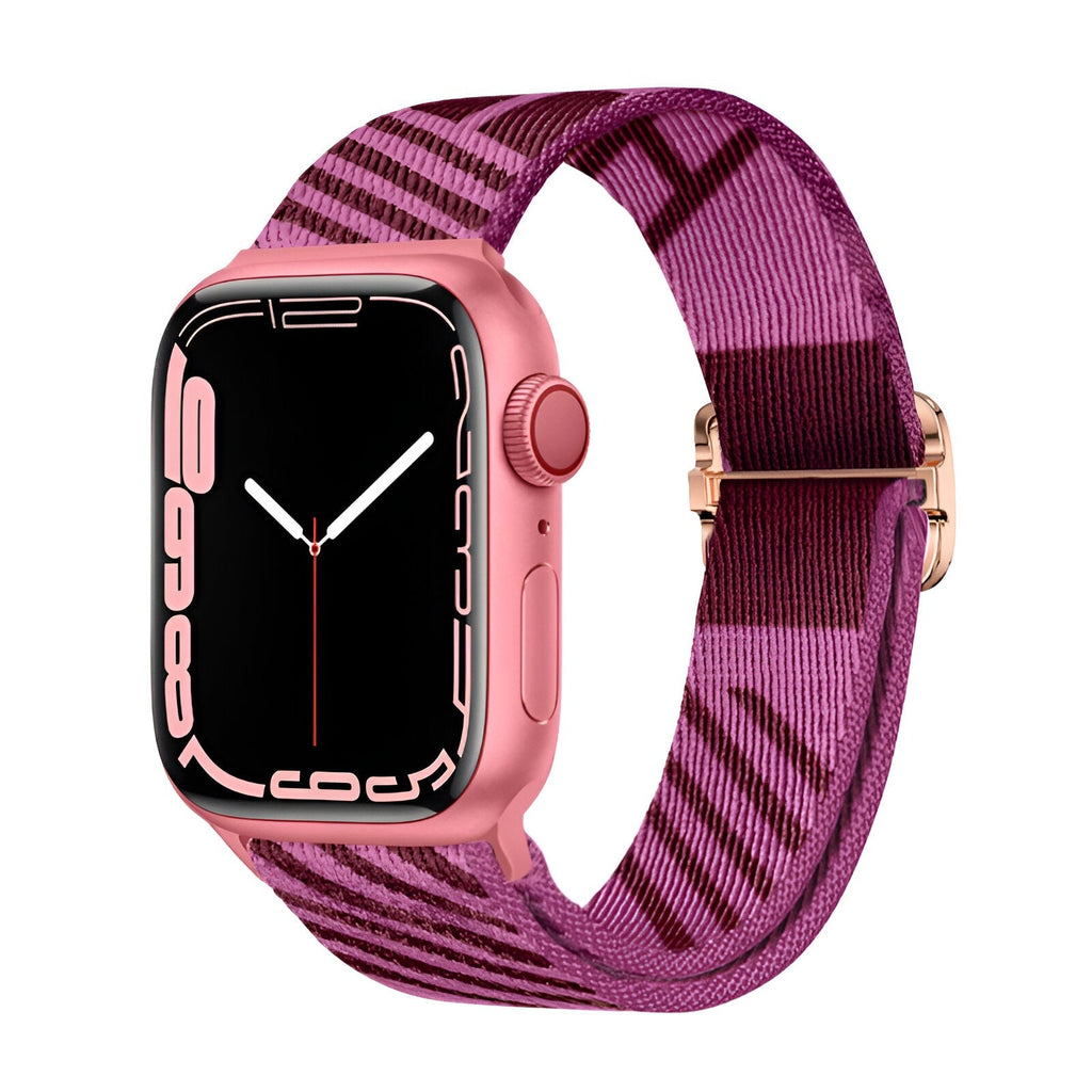 Bracelet Apple Watch en nylon rose et violet, modèle Thal, boucle métallique rose doré.