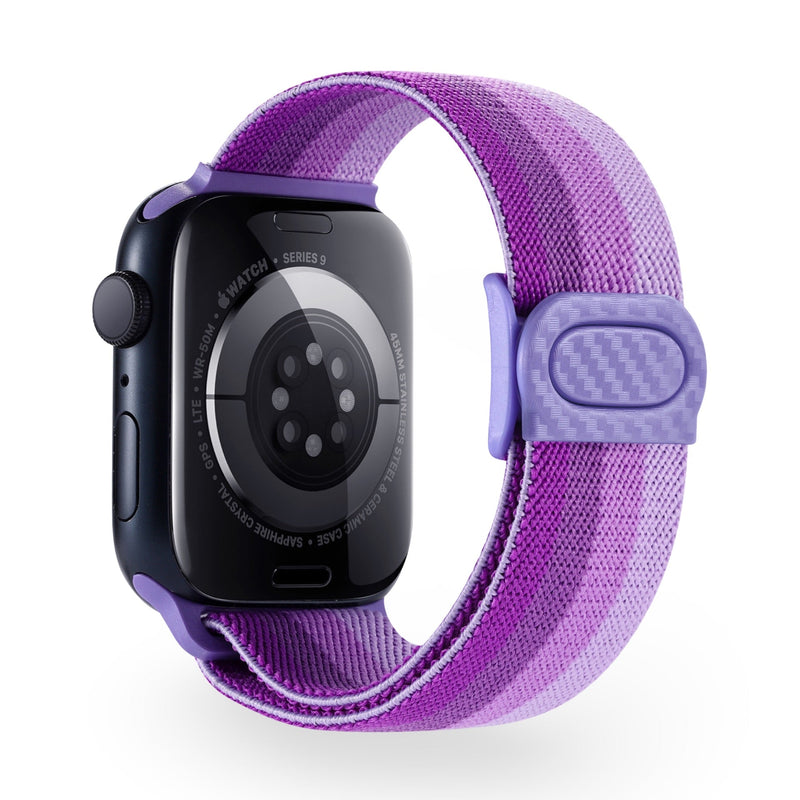Bracelet Apple Watch en nylon dégradé violet avec fermoir ajustable, style Fenix.