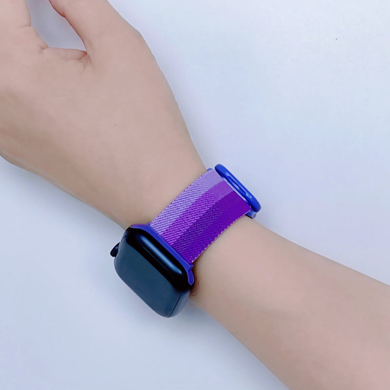 Bracelet Apple Watch en nylon dégradé violet et bleu, modèle Fenix, mixte, ajustable.