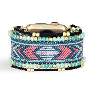 Bracelet Apple Watch en nylon multicolore avec perles bleu, or et turquoise, design tissé ethnique.