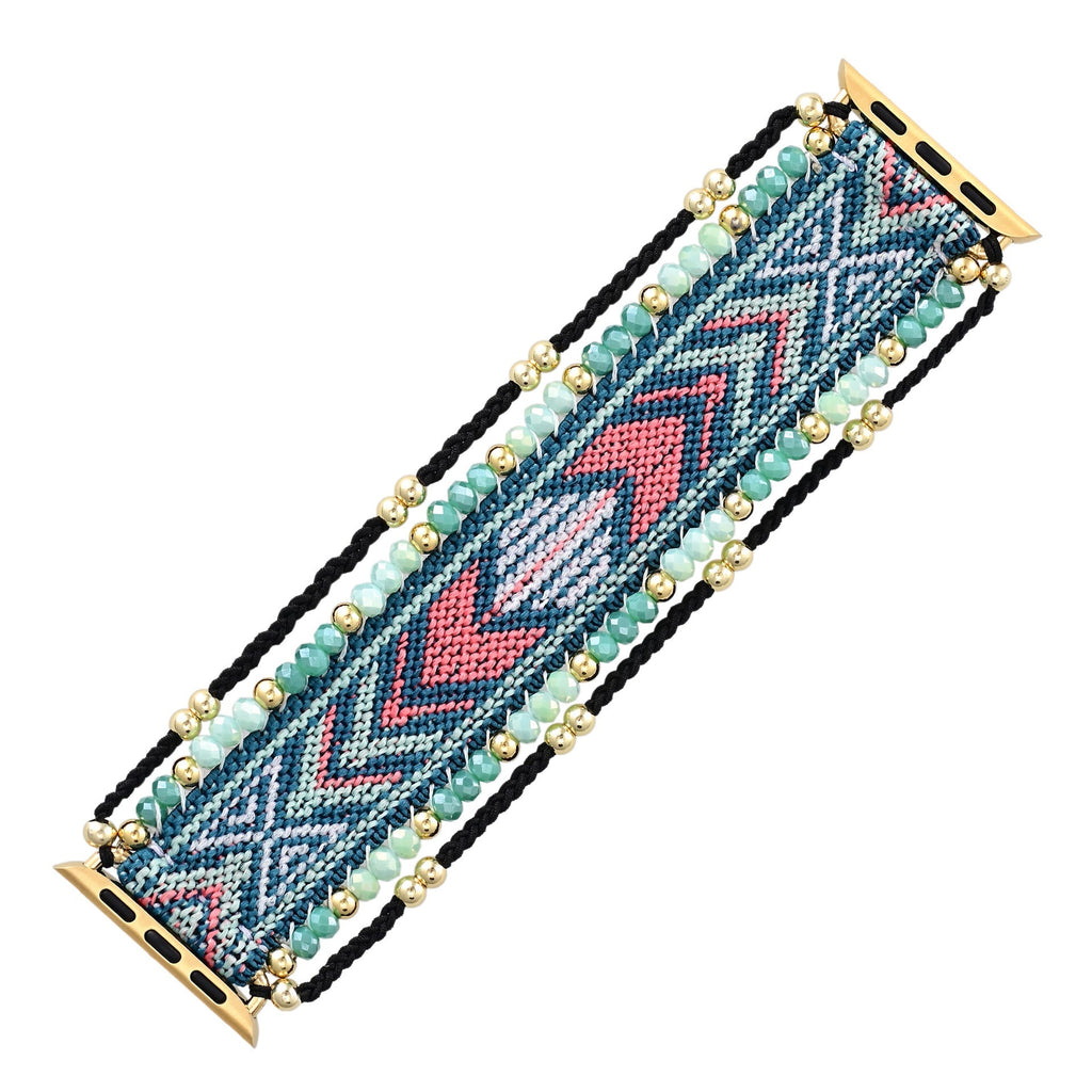 Bracelet Apple Watch femme en nylon tissé multicolore avec motifs géométriques et perles de cristal dorées.