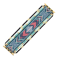 Bracelet Apple Watch femme en nylon tissé multicolore avec motifs géométriques et perles de cristal dorées.