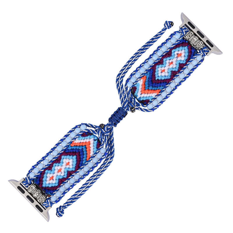 Bracelet Apple Watch femme en nylon bleu avec motif géométrique et cristaux, attaches argentées.
