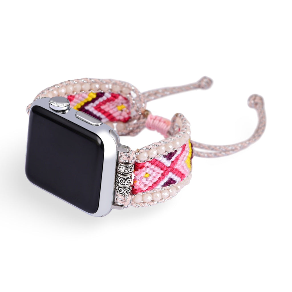 Bracelet Apple Watch en nylon rose à motifs géométriques multicolores et perles cristaux, modèle Galya.