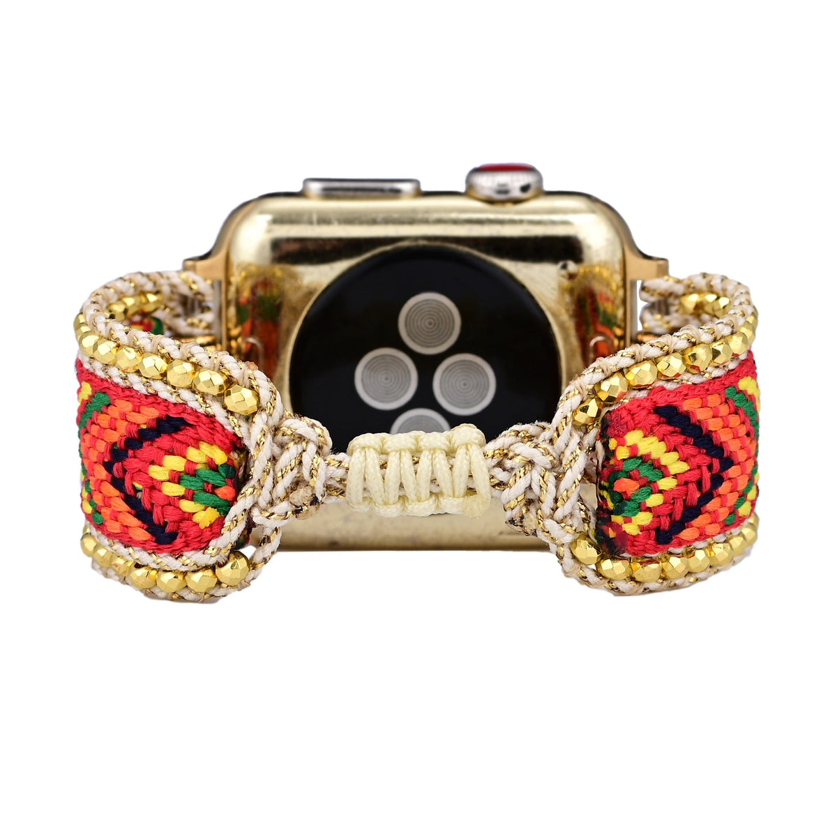 Bracelet Apple Watch femme en nylon rouge tressé avec cristaux dorés et détails or.