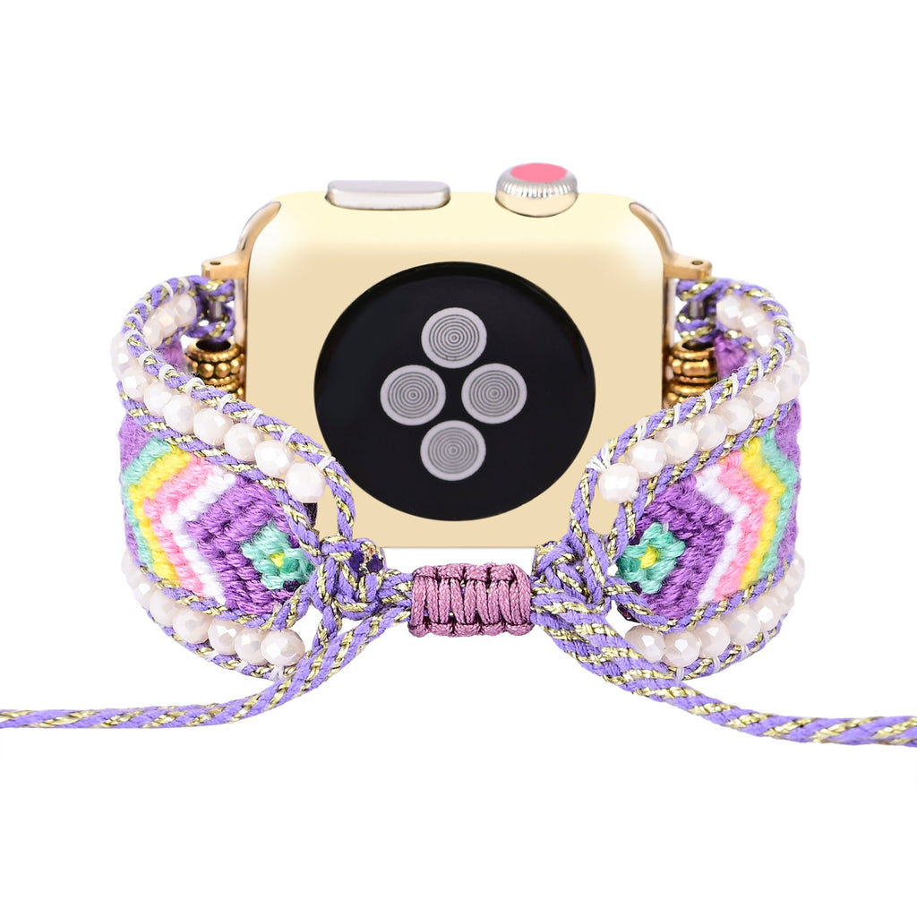 Bracelet Apple Watch en nylon violet orné de cristaux avec motif tissé multicolore et fermoir coulissant.