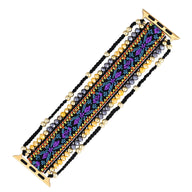 Bracelet Apple Watch violet en nylon tressé avec perles noires et cristaux dorés, modèle Kavin.