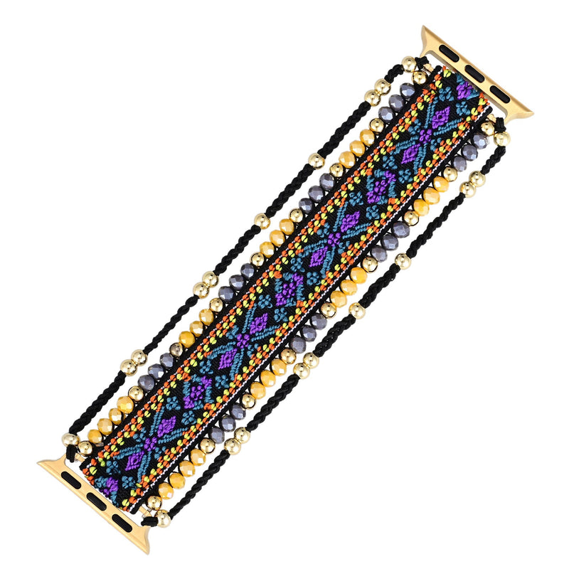 Bracelet Apple Watch violet en nylon tressé avec perles noires et cristaux dorés, modèle Kavin.