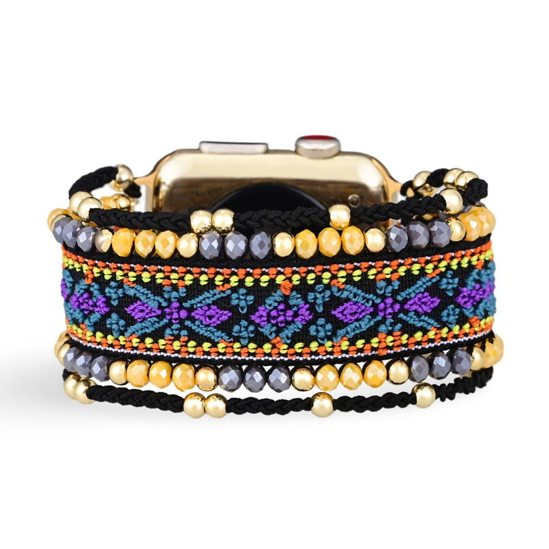 Bracelet pour Apple Watch en nylon violet avec motifs floraux, perles dorées et grises, style bohème chic.