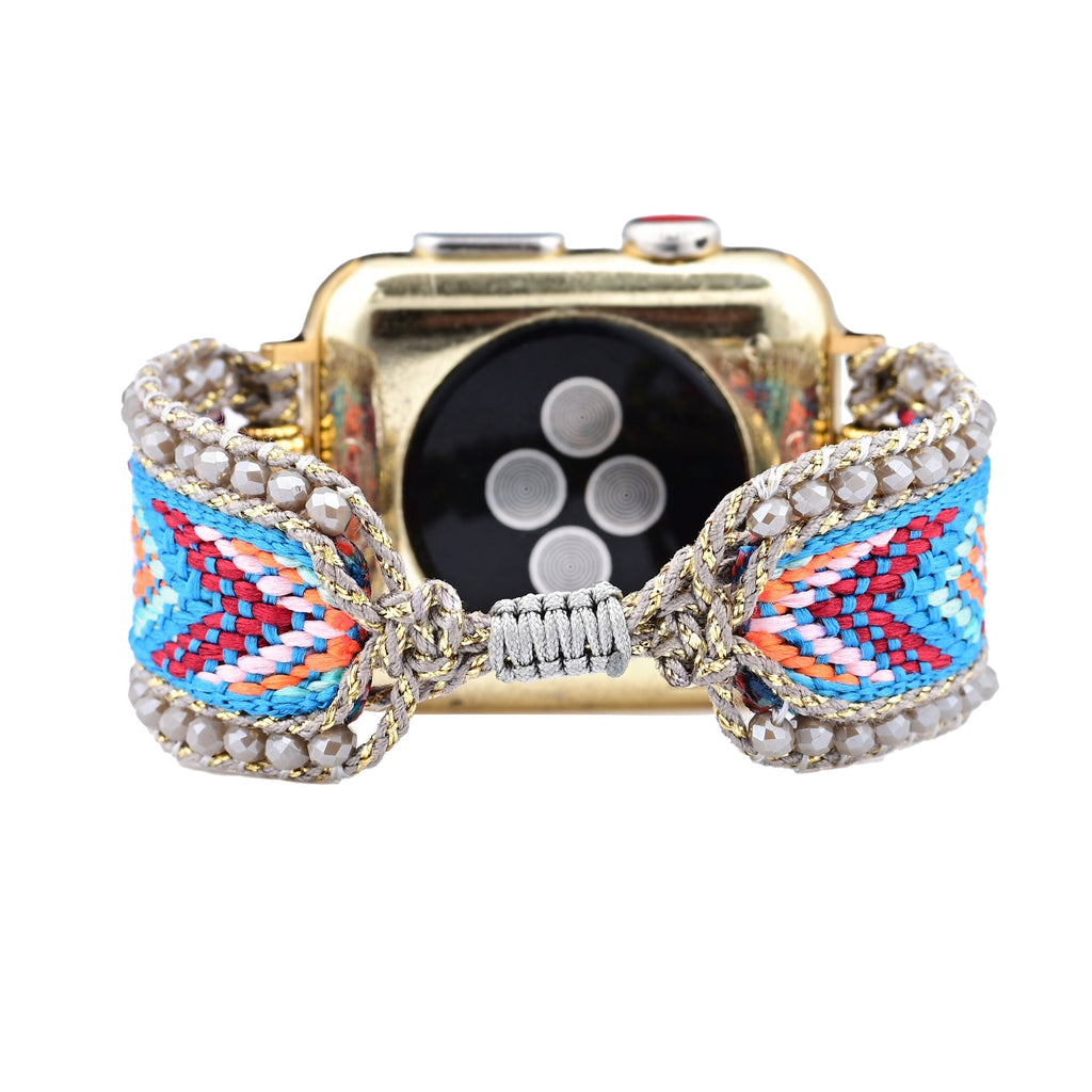 Bracelet pour Apple Watch en nylon bleu avec perles et cristaux scintillants, style Mistral.