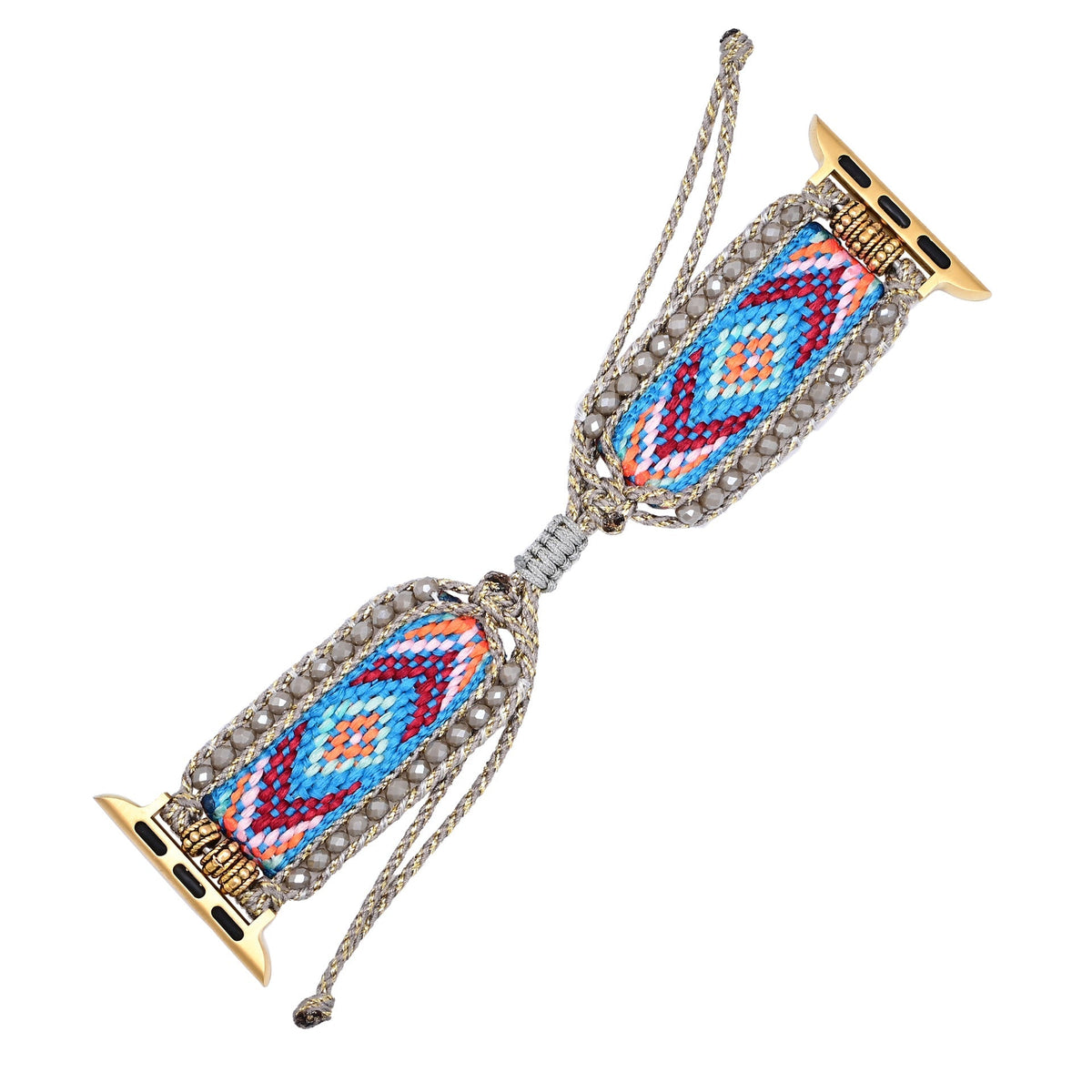 Bracelet Apple Watch en nylon bleu avec motifs géométriques rouges et blancs, fermoirs dorés.
