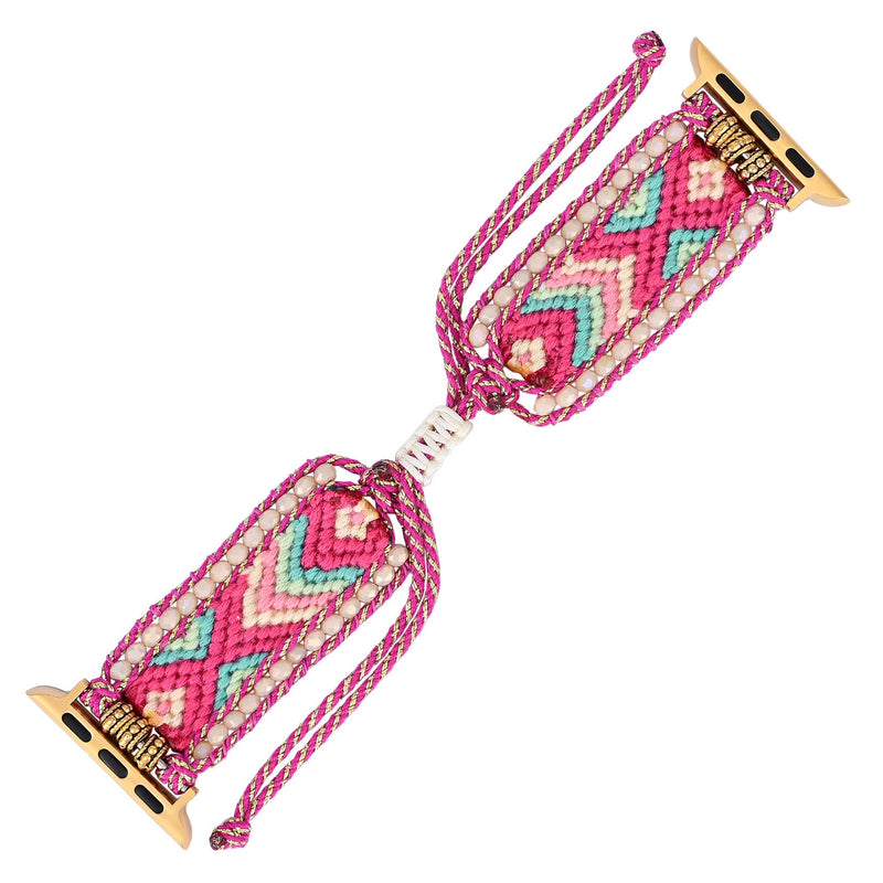 Bracelet Apple Watch en nylon multicolore avec motifs géométriques et attaches dorées.