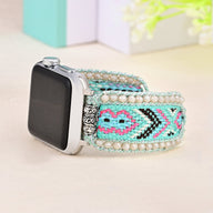 Bracelet Apple Watch bleu en nylon tissé avec motifs géométriques et perles cristal Orin pour femme.