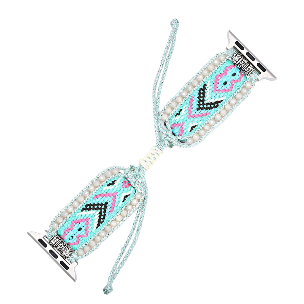 Bracelet Apple Watch en nylon bleu avec motifs géométriques rose, blanc et noir, fermoirs en métal argenté.