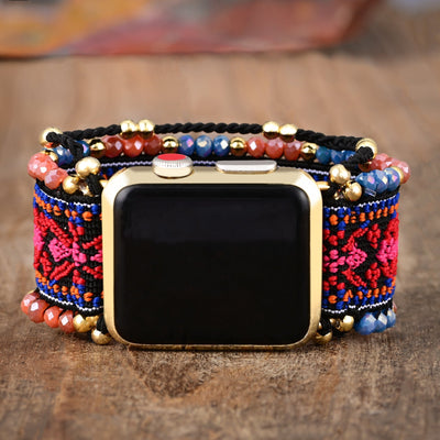 Bracelet Apple Watch en nylon rouge orné de cristaux et perles dorées, style tissé pour femme.