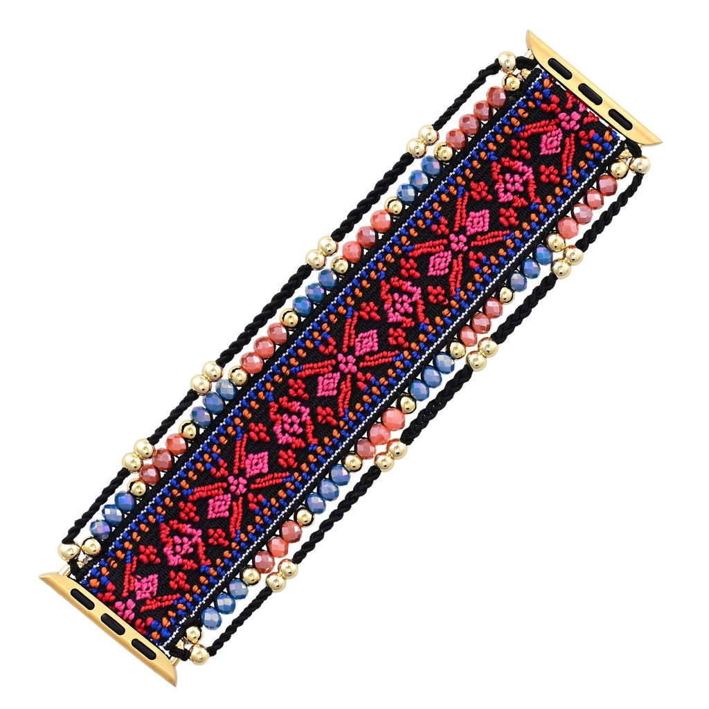 Bracelet Apple Watch rouge en nylon tissé avec perles et cristaux, attaches dorées, modèle femme Ozara.