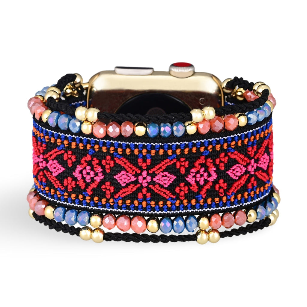 Bracelet Apple Watch femme en nylon rouge à motif floral et cristaux colorés, large et ajustable.