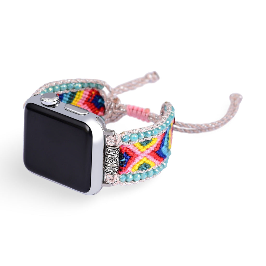 Bracelet Apple Watch multicolore en nylon tressé avec cristal scintillant, style Pyxis féminin.