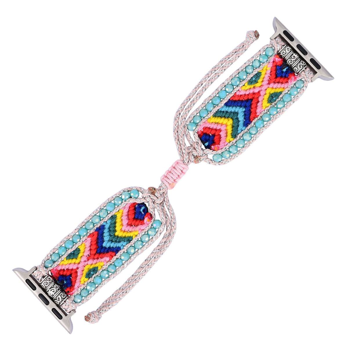Bracelet Apple Watch en nylon multicolore avec perles de cristal, style tissé bohème.